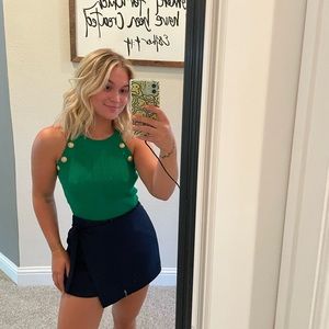 Green crochet tank with gold buttons